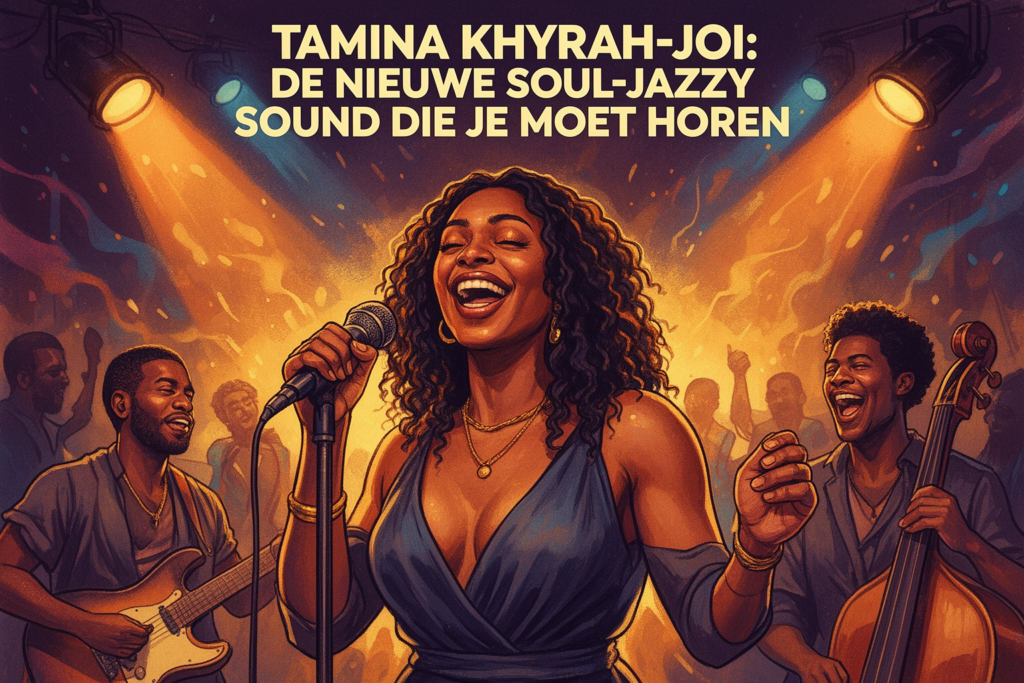Tamina Khyrah-Joi zingt gepassioneerd met een microfoon in een sfeervolle studio, omringd door muzikale instrumenten die haar soul-jazzy sound ondersteunen.