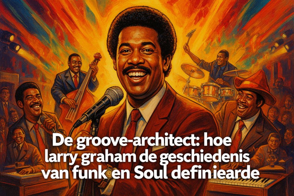 Larry Graham speelt basgitaar tijdens een live optreden, omringd door kleurrijke verlichting die de sfeer van funk en soul benadrukt.