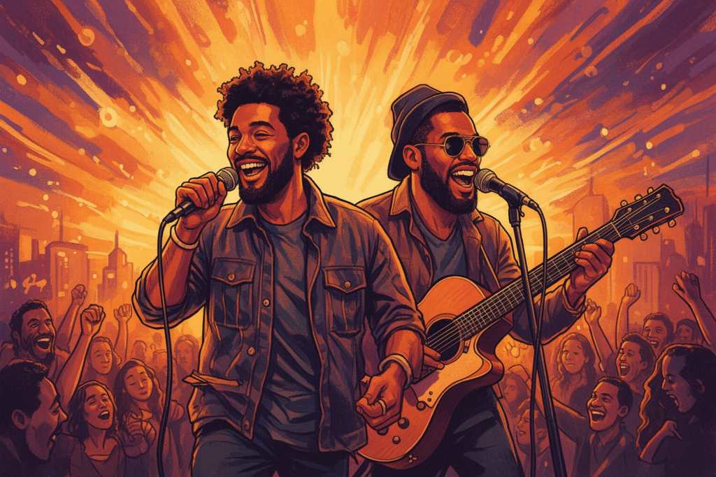 De mannelijke soulgroep The Floaters uit Detroit poseert samen tijdens een live optreden in de jaren negentig.