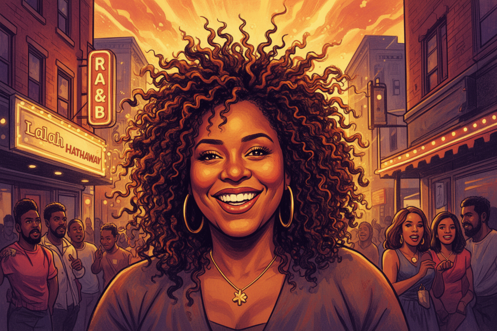 Lalah Hathaway zingt gepassioneerd met een microfoon in de hand, omringd door koperblazers, tijdens een live optreden geïnspireerd op haar nieuwe single '47th Street'.
