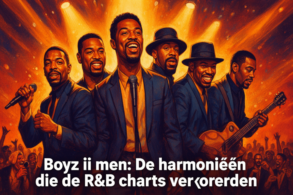 Boyz II Men optreden met microfoons, bekend om hun harmonieuze R&B-ballades en emotionele zang.