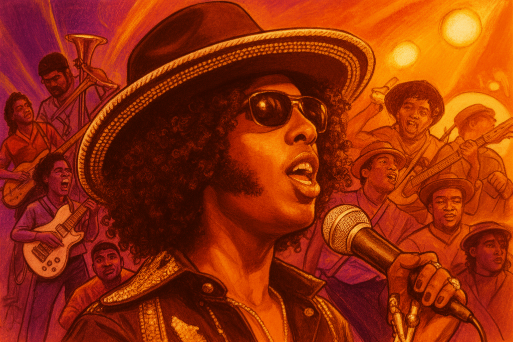 Sly Stone en Jesse Johnson poseren samen met muziekinstrumenten tijdens de promotie van hun samenwerking 'Crazay'.