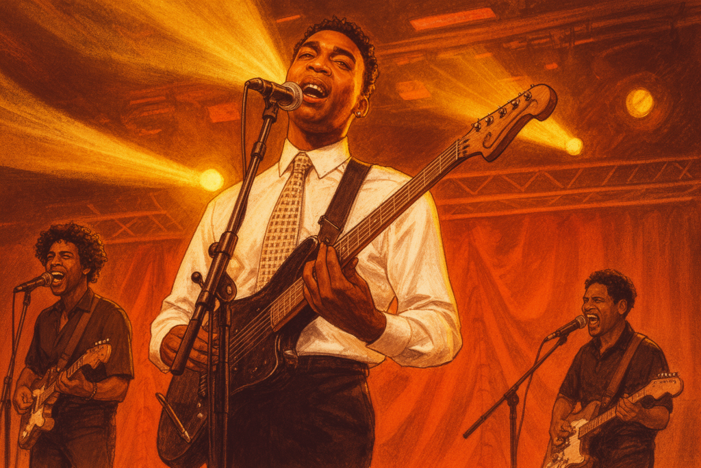 Jalen Ngonda poseert met een microfoon, omringd door warme, sfeervolle verlichting die zijn moderne soul- en R&B-stijl weerspiegelt.