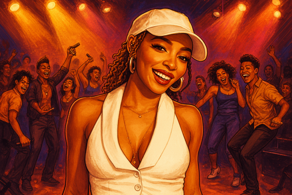 Tinashe zingt energiek op het podium tijdens een live optreden, omringd door kleurrijke verlichting die de dansvloer tot leven brengt.