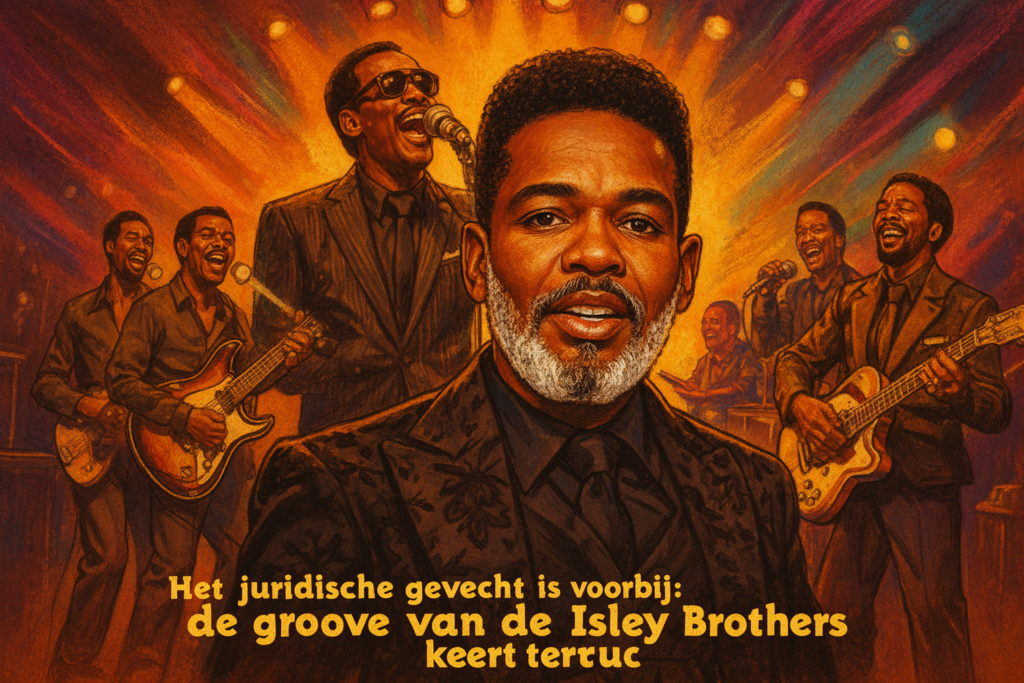Ron Isley staat energiek op het podium tijdens een liveoptreden van de Isley Brothers, omringd door muzikanten en kleurrijke verlichting.