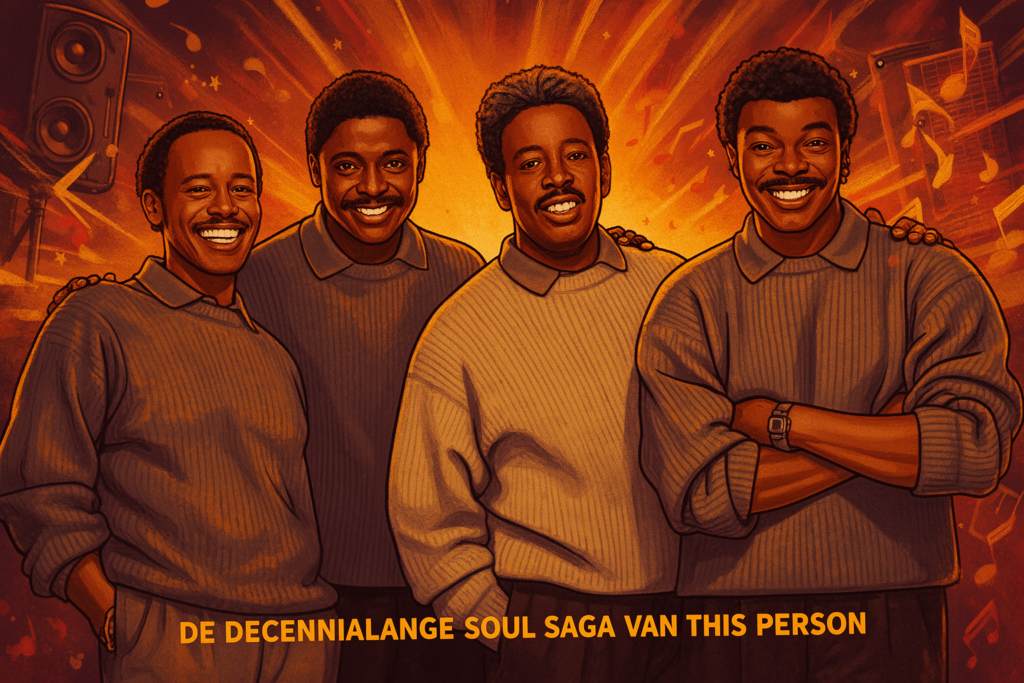 The Manhattans, een soulgroep uit de jaren zestig, poseren samen tijdens een optreden met vintage microfoons en stijlvolle kleding.