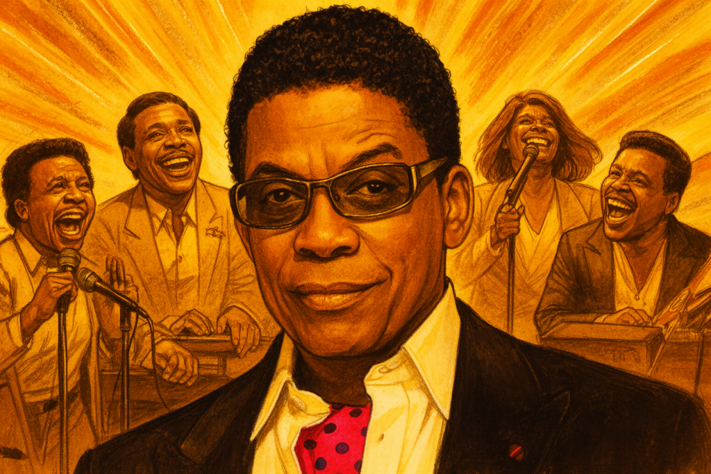 Herbie Hancock en Patrice Rushen tijdens een liveoptreden in de jaren tachtig, omringd door muzikale instrumenten en sfeervolle verlichting.
