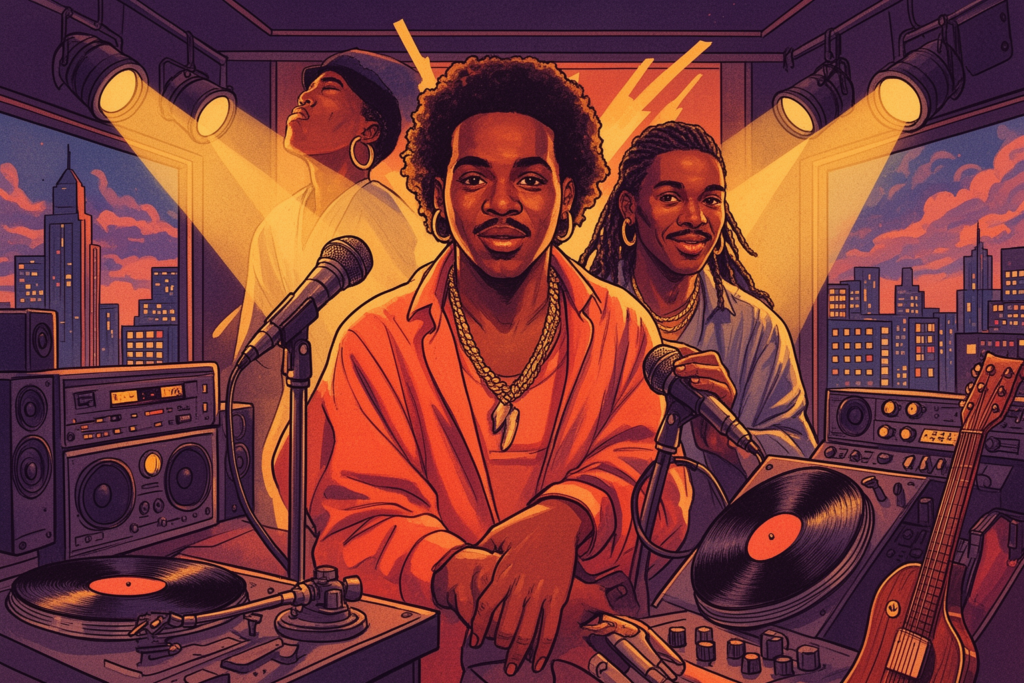 Zed Soul bandleden poseren met muziekinstrumenten, waaronder een saxofoon, in een sfeervolle setting die de jaren '80 R&B-sfeer oproept.