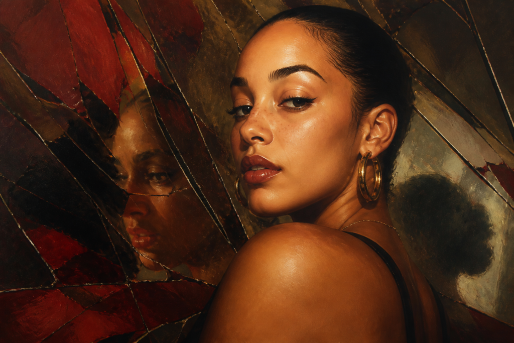 Jorja Smith zingt emotioneel tijdens een liveoptreden, met een microfoon in haar hand en een intense blik die het thema verraad en ontmaskering weerspiegelt.