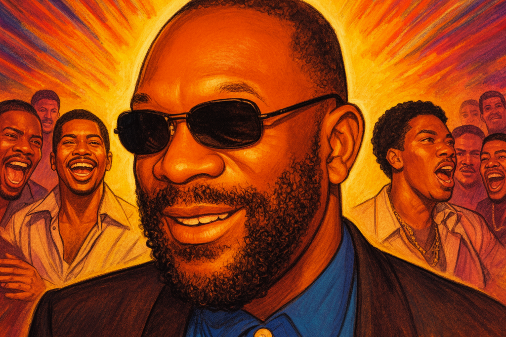 Portret van Isaac Hayes, legendarische soul- en R&B-muzikant, bekend van zijn baanbrekende albums en de Oscar-winnende Shaft-titeltrack.