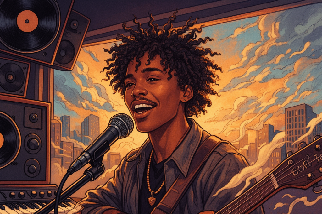 Simone Green poseert met zelfverzekerde blik, omringd door zachte, rustgevende kleuren die haar nieuwe single 'Breathe' en het thema van innerlijke vrede en zelfrespect symboliseren.