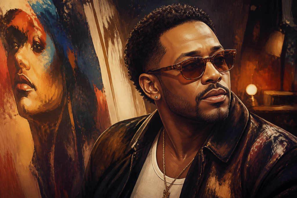 Eric Bellinger poseert met een microfoon in een opnamestudio, omringd door muziekapparatuur.