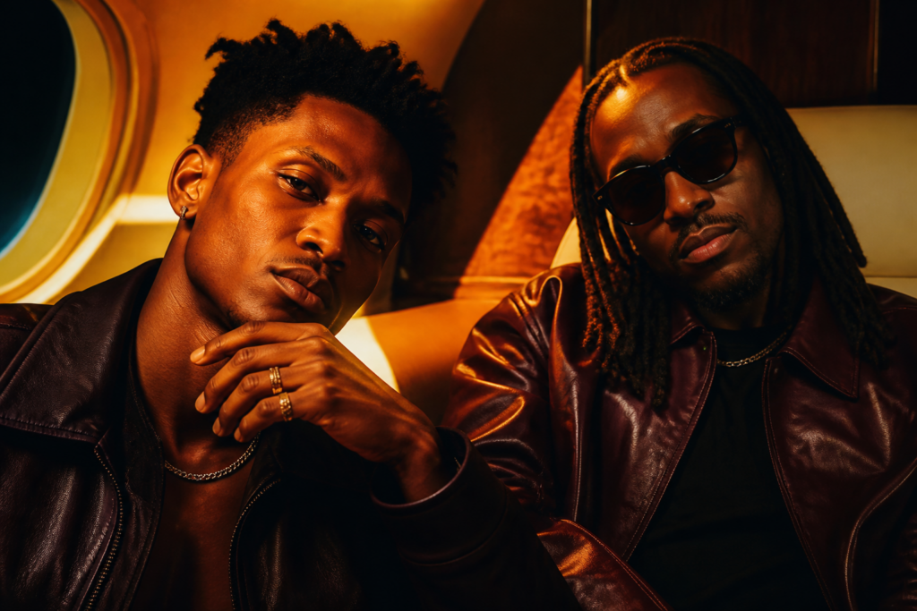 Lucky Daye en Leon Thomas poseren samen in een studio tijdens de opname van hun nieuwe soul-single 'Fly U Out'.