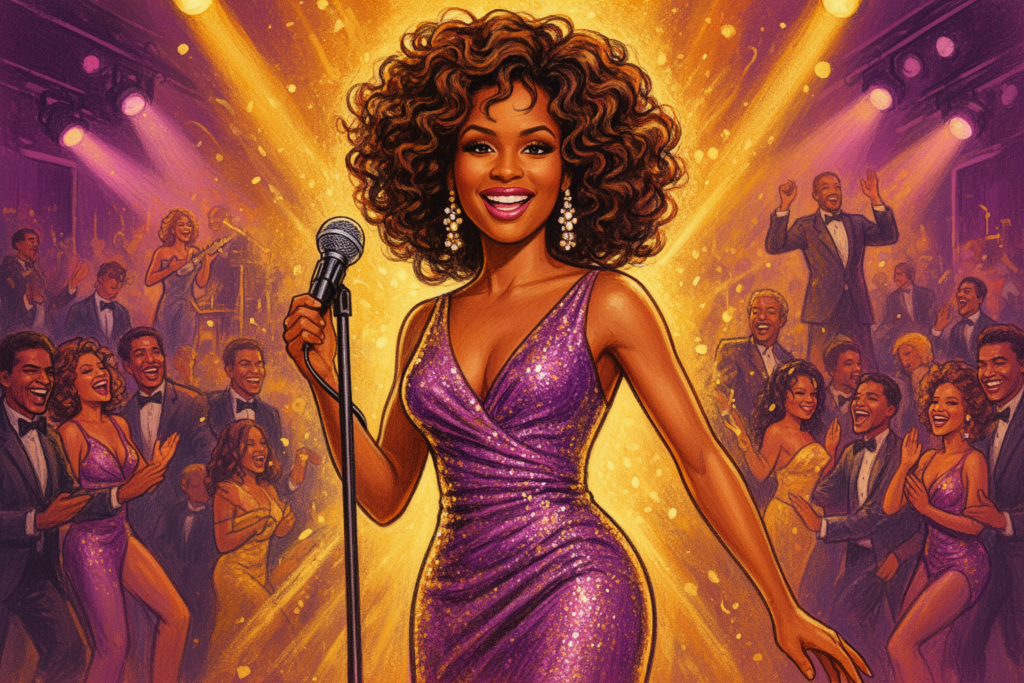 Barbie-pop in glamoureuze outfit geïnspireerd op Whitney Houston's iconische muziekvideo-look, ter ere van haar muzikale nalatenschap.