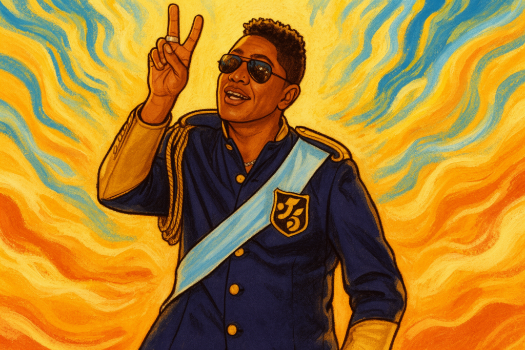 Jermaine Jackson speelt gitaar en zingt ontspannen tijdens een zomerse buitenoptreden.