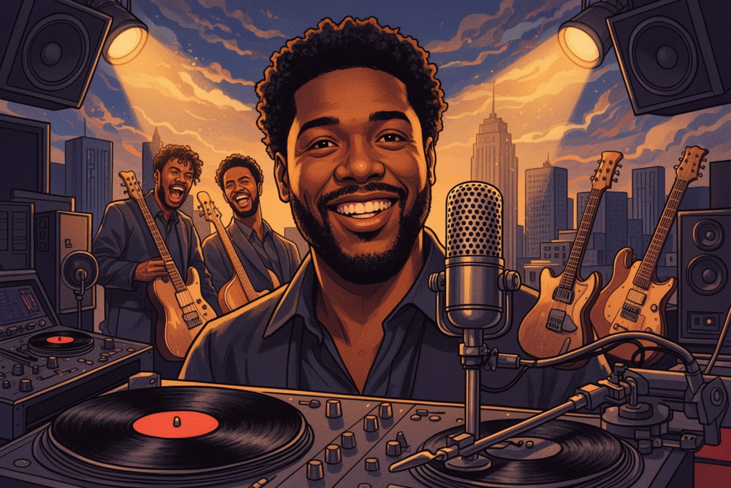 Walter Williams zingt gepassioneerd tijdens een live-optreden met The O'Jays, omringd door muzikale instrumenten en sfeervolle verlichting.