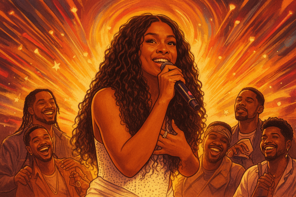 Coco Jones poseert met een microfoon in een sfeervolle studio, uitstralend zelfvertrouwen en soulvolle energie.
