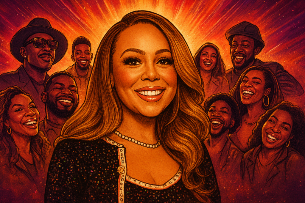 Mariah Carey poseert met een microfoon ter viering van het 25-jarig jubileum van haar album Glitter.
