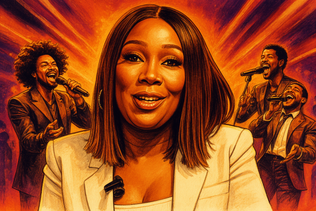Yolanda Adams zingt gepassioneerd tijdens een live optreden, bekend om haar mix van gospel en R&B.
