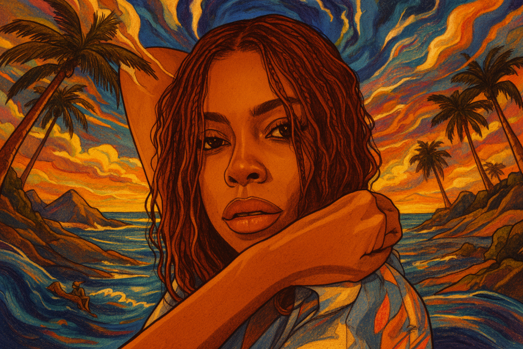 Ravyn Lenae poseert met een microfoon in een studio, omringd door warme verlichting die haar nieuwe album Blue Island viert.