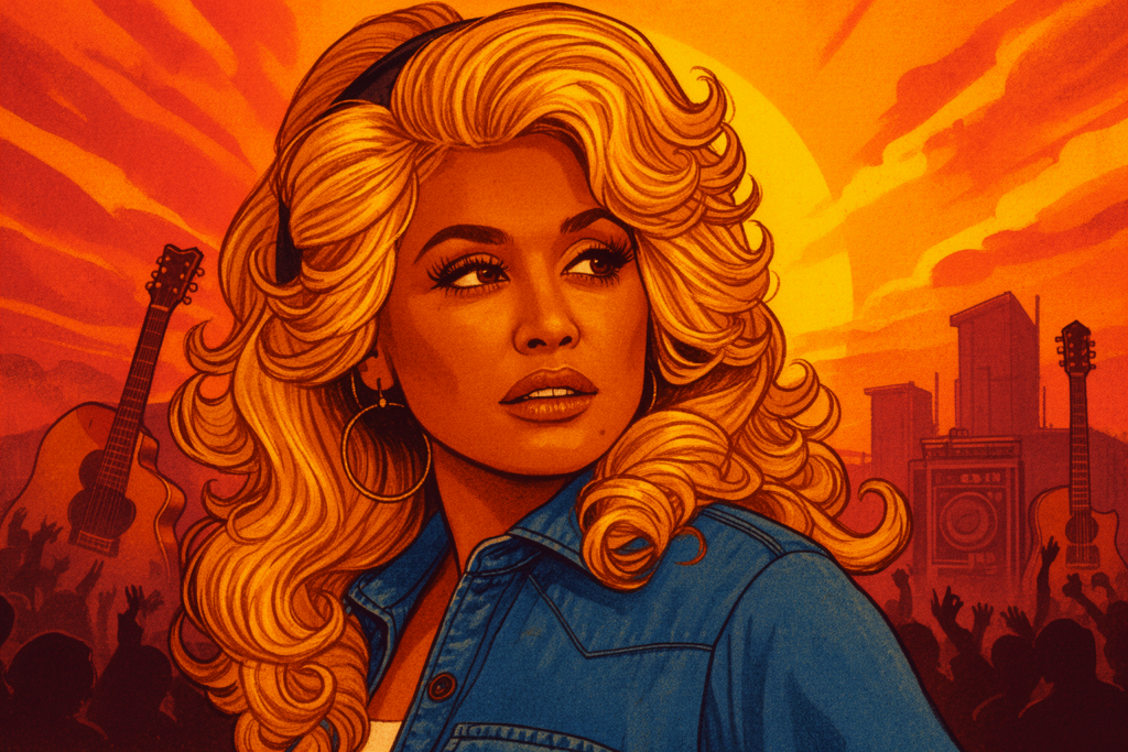 Portret van Dolly Parton, bekend om haar invloedrijke carrière die R&B en countrymuziek verbindt, met een achtergrond die haar muzikale nalatenschap en humanitaire inzet symboliseert.