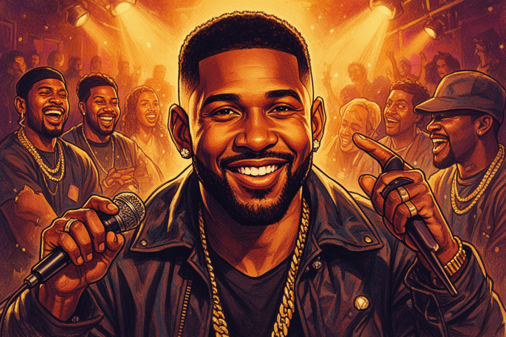 Usher staat op het podium in het MetLife Stadium tijdens een live optreden, omringd door een enthousiast publiek.