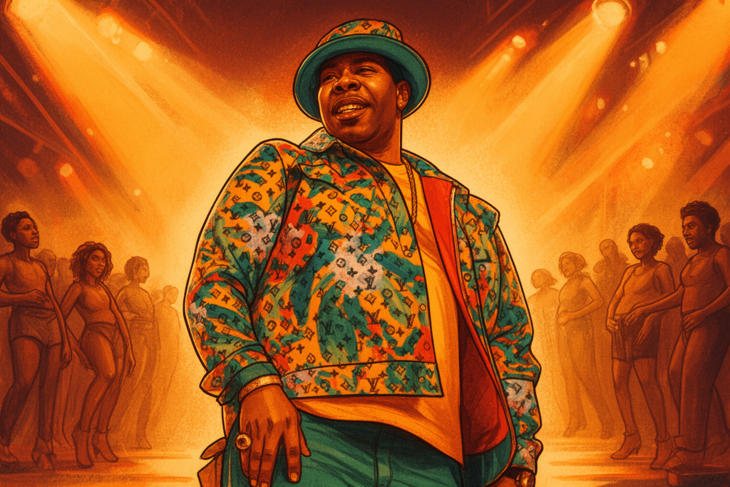 Busta Rhymes poseert met een microfoon in een studio, omringd door muziekapparatuur, ter promotie van zijn nieuwe single 'This Woman'.