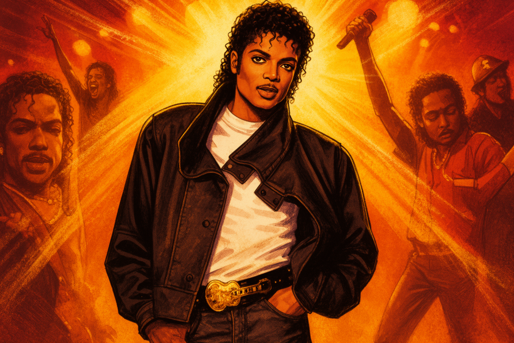 Michael Jackson in een iconische pose tijdens een live optreden, gekleed in zijn kenmerkende glitterhandschoen en fedora.