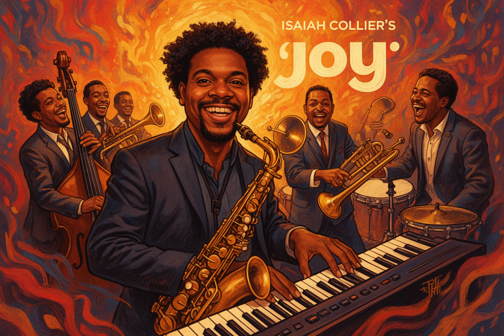 Isaiah Collier speelt gepassioneerd saxofoon tijdens een live optreden, omringd door warme verlichting die de energie en hoop van zijn nieuwe single 'Joy' weerspiegelt.