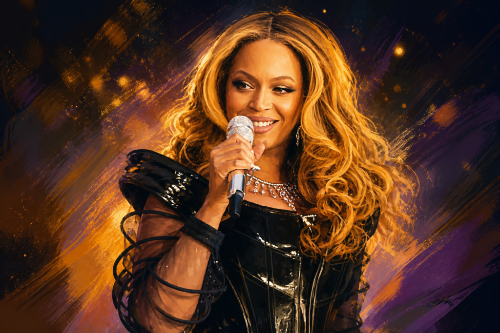 Beyoncé poseert op het podium tijdens een energiek optreden, omringd door kleurrijke lichten en een enthousiast publiek.