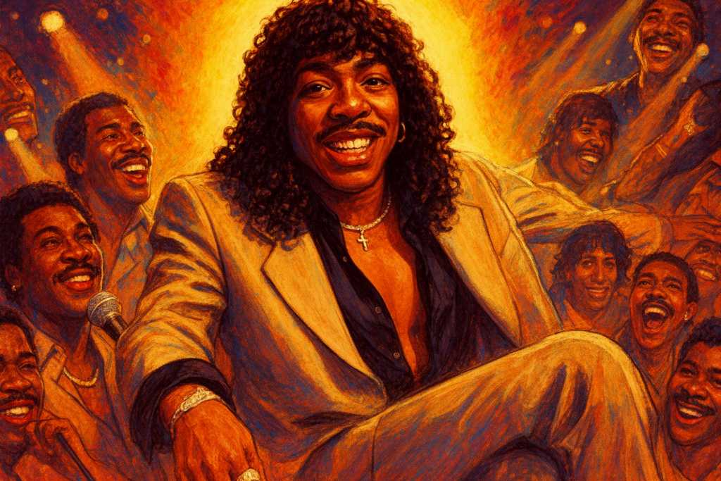 Rick James op het podium met een energieke uitstraling tijdens een optreden.