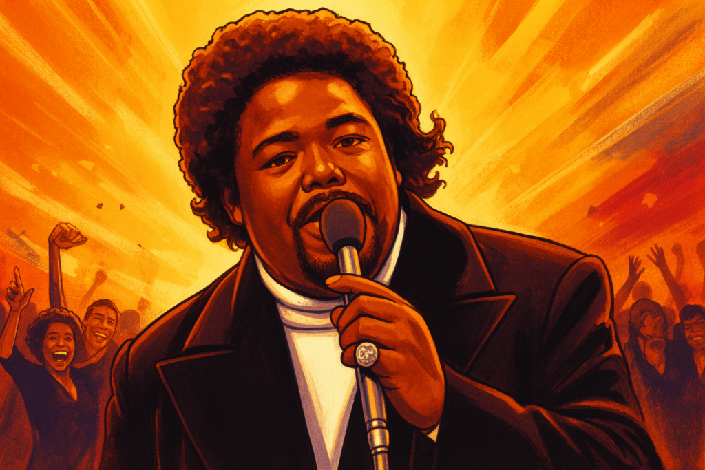 Barry White zingt op een podium, omringd door een sfeer van soulmuziek.