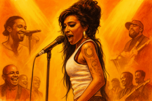 Een foto van Amy Winehouse straalt een melancholische, artistieke sfeer uit.