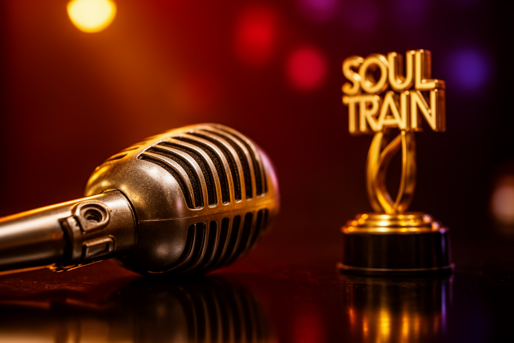Podium met kleurrijke verlichting en artiesten die optreden tijdens de Soul Train Music Awards, een viering van soul en R&B muziek.
