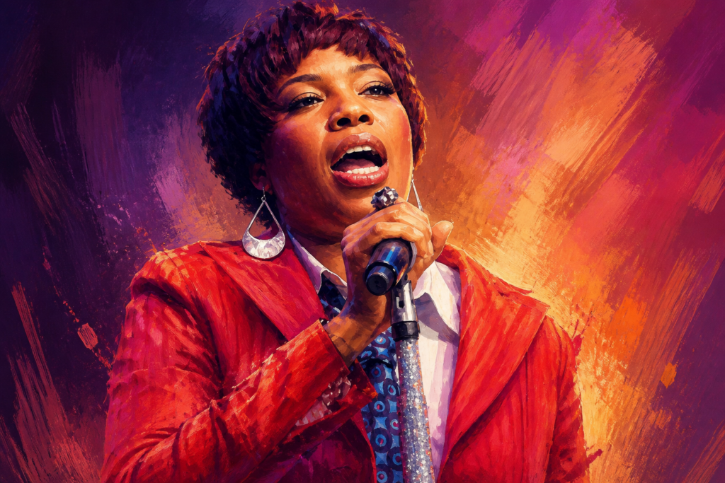 Macy Gray zingt gepassioneerd tijdens een live optreden, haar kenmerkende stijl en soulvolle stem uitstralend.
